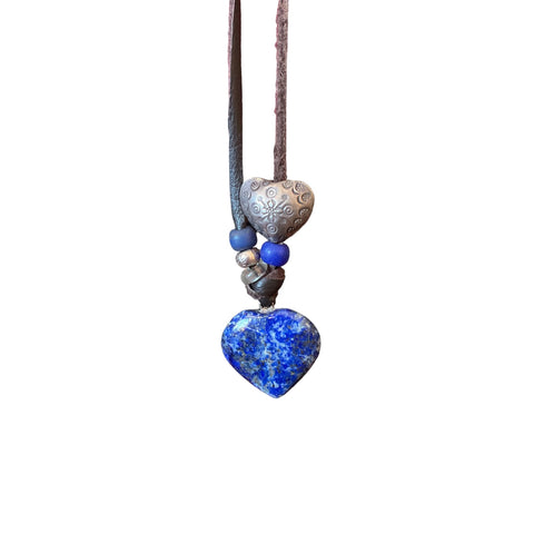 Lapis Lazuli Heart and Silver Heart Necklace on Leather