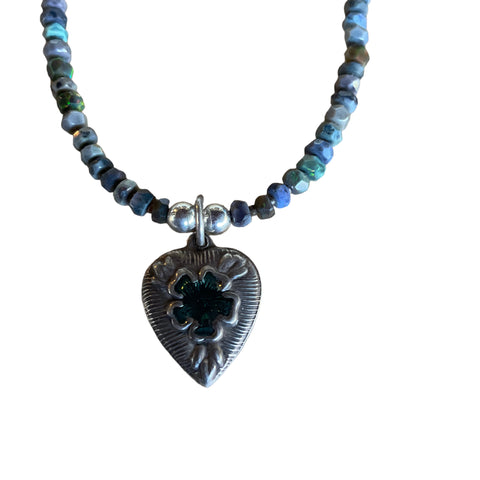 Natural Black Fire Opal Beaded Necklace with Vintage Heart with Enamel Center