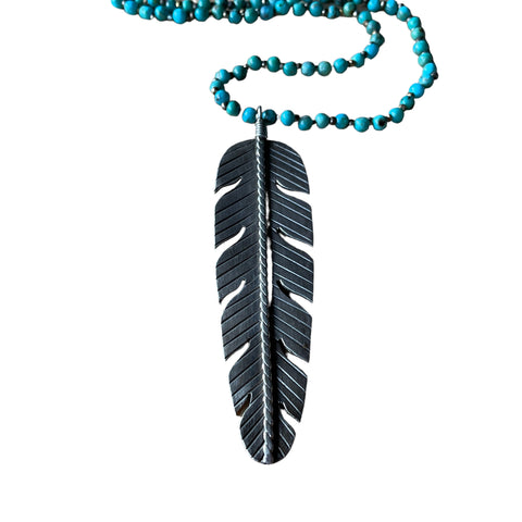 Silver Feather Charm on Beaded Turquoise Necklace