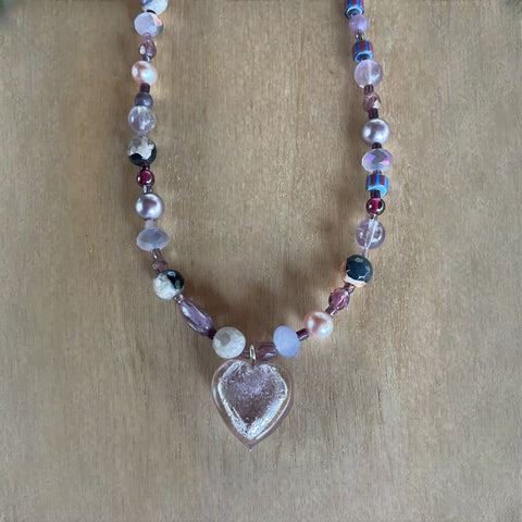 Frosty Heart Necklace with Purple Mixed Stones