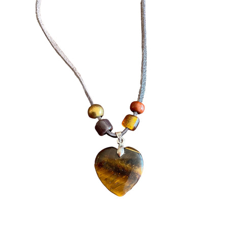 Tigers Eye Heart Necklace on Leather