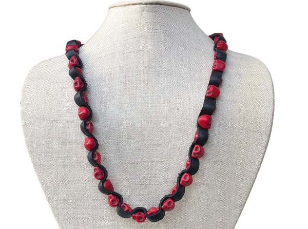 stormie art red skull leather necklace