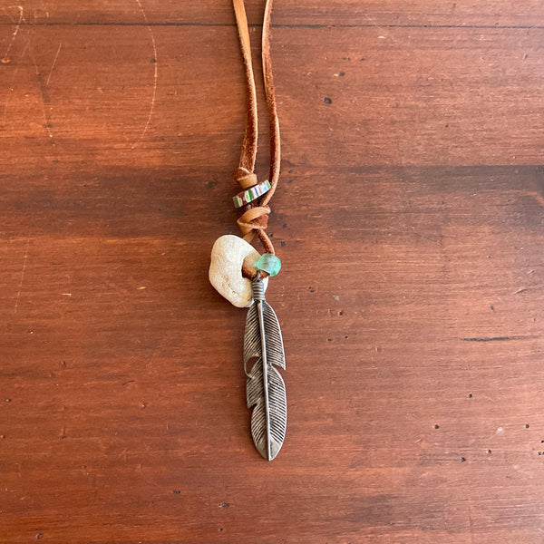 Feather Pendant Necklace on Leather Cord with Trade Beads and Antique Shell
