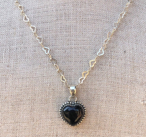Black Onyx Heart Sterling Silver Necklace