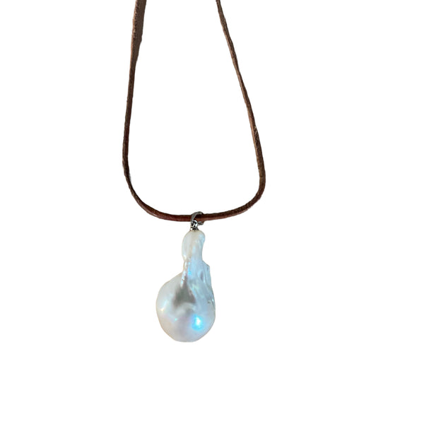 Baroque Pearl on Leather Cord Necklace
