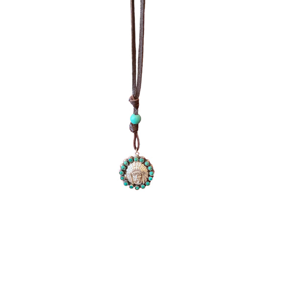 indian head pendant with tuquoise stones surrounded face necklace