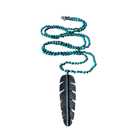 Silver Feather Charm on Beaded Turquoise Necklace