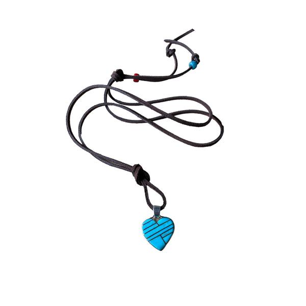 Lovely Heart Charm Inlaid with Turquoise Necklace on Leather Cord