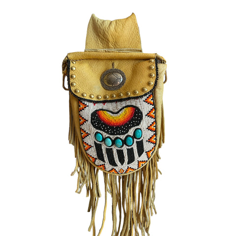 Large Bear Paw Hand-beaded Medicine Side Bag with Turquoise