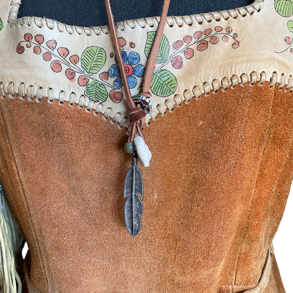 Feather Pendant Necklace on Leather Cord with Trade Beads and Antique Shell