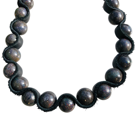 Round Black Opal Necklace woven on leather